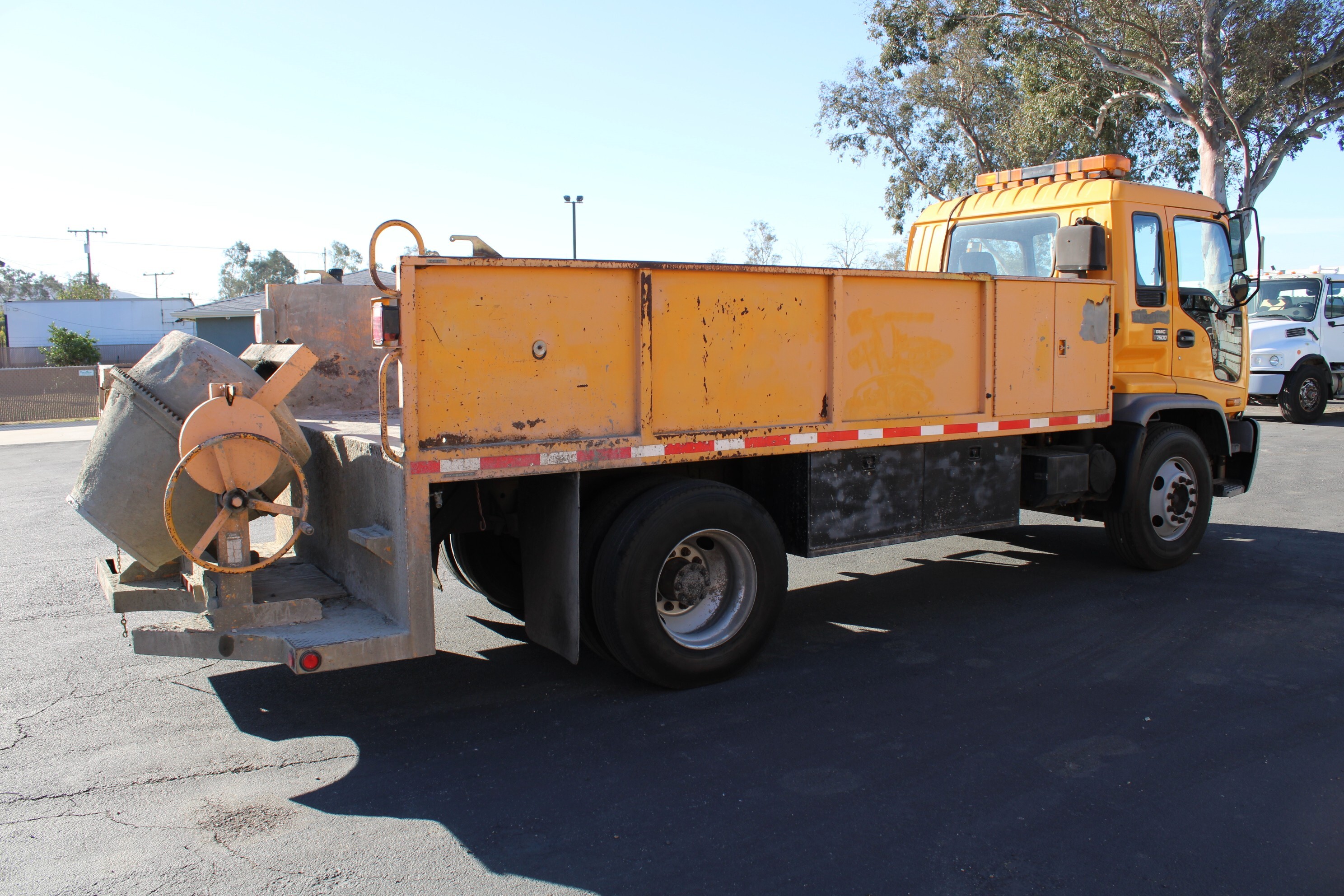 1999 Gmc T7500 15 Ft. Flatbed Concrete Mixer Truck For Sale in Fontana