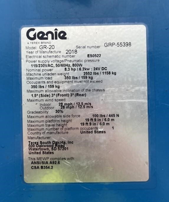 2018 Genie GR-20-6